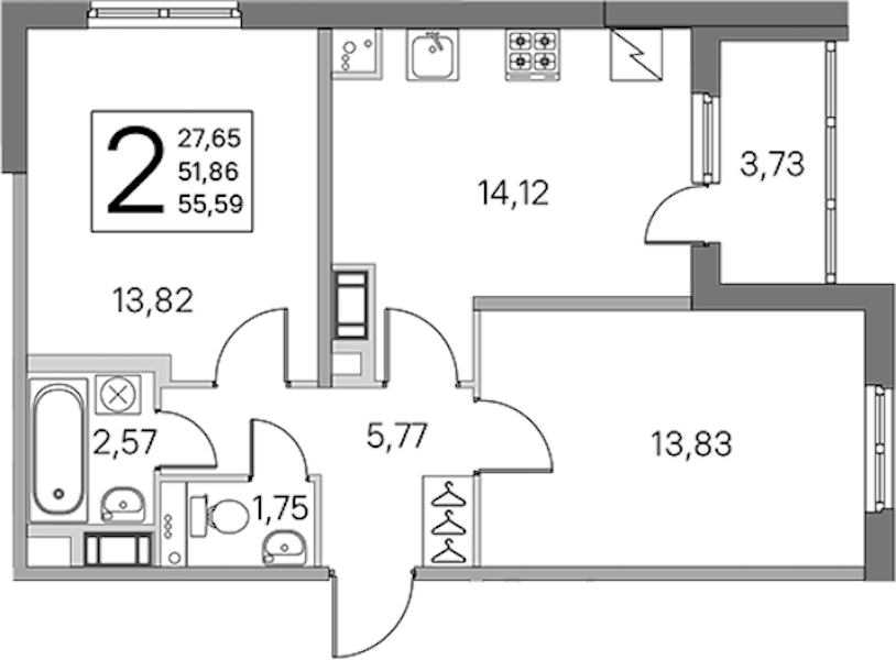 2-комнатная квартира 51.86 м², 3/5 эт., ЖК «ЮгТаун. Олимпийские кварталы»